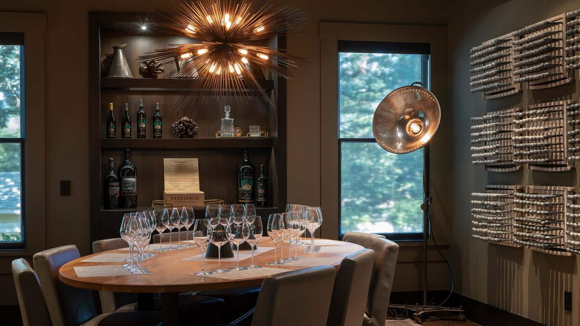 Elegant dining room with wine and modern decor.
