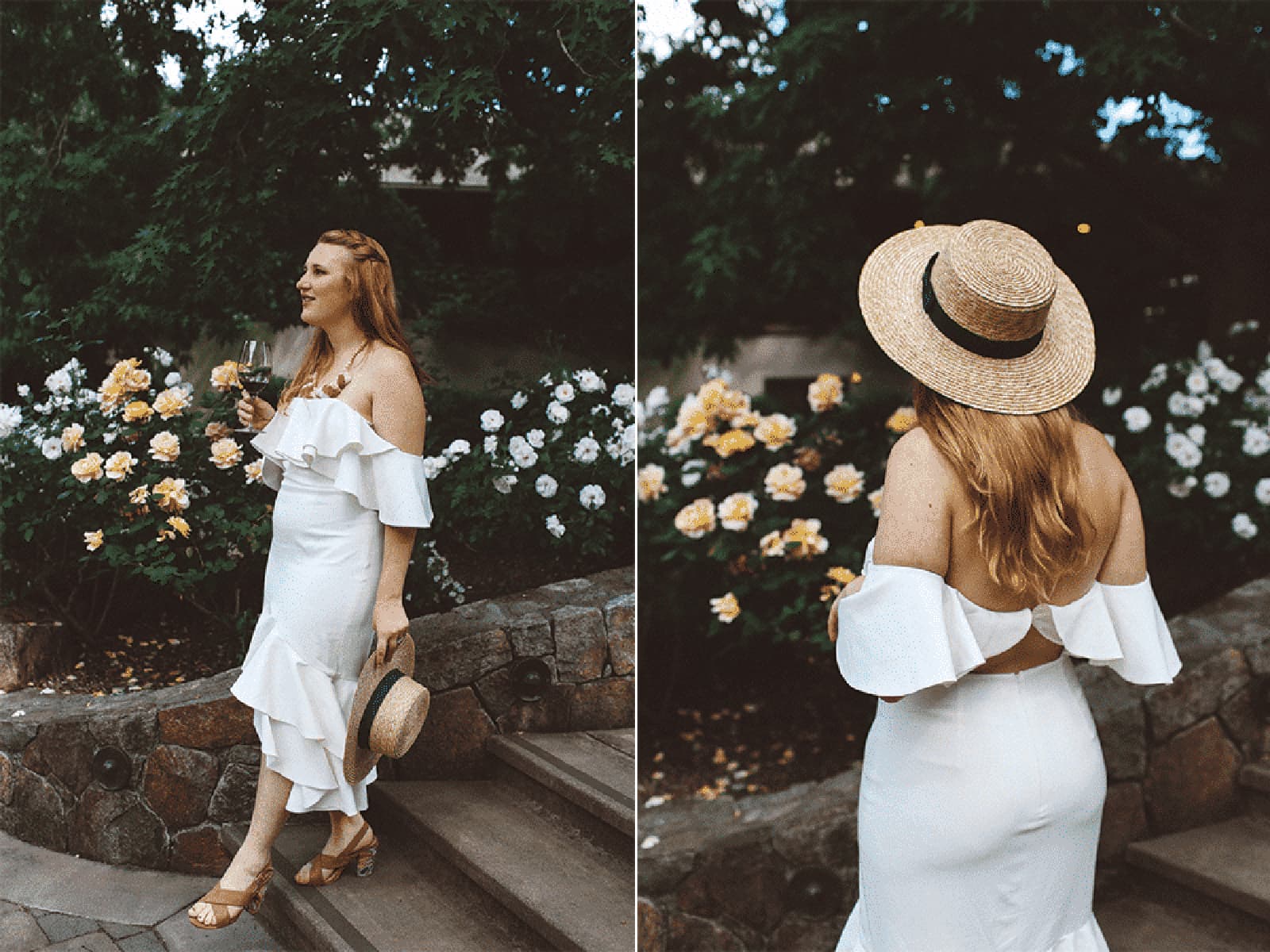 Woman in white dress by flower garden