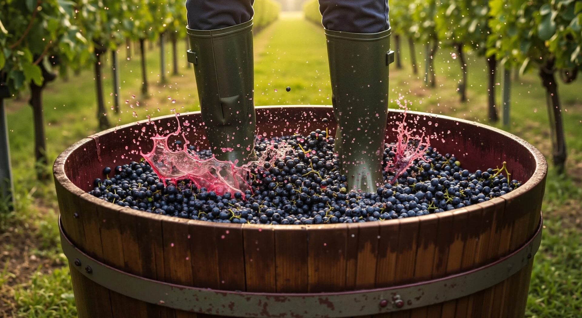Person stomping grapes in wooden barrel vineyard