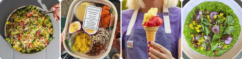 Collage of salad, meal prep, ice cream, soup