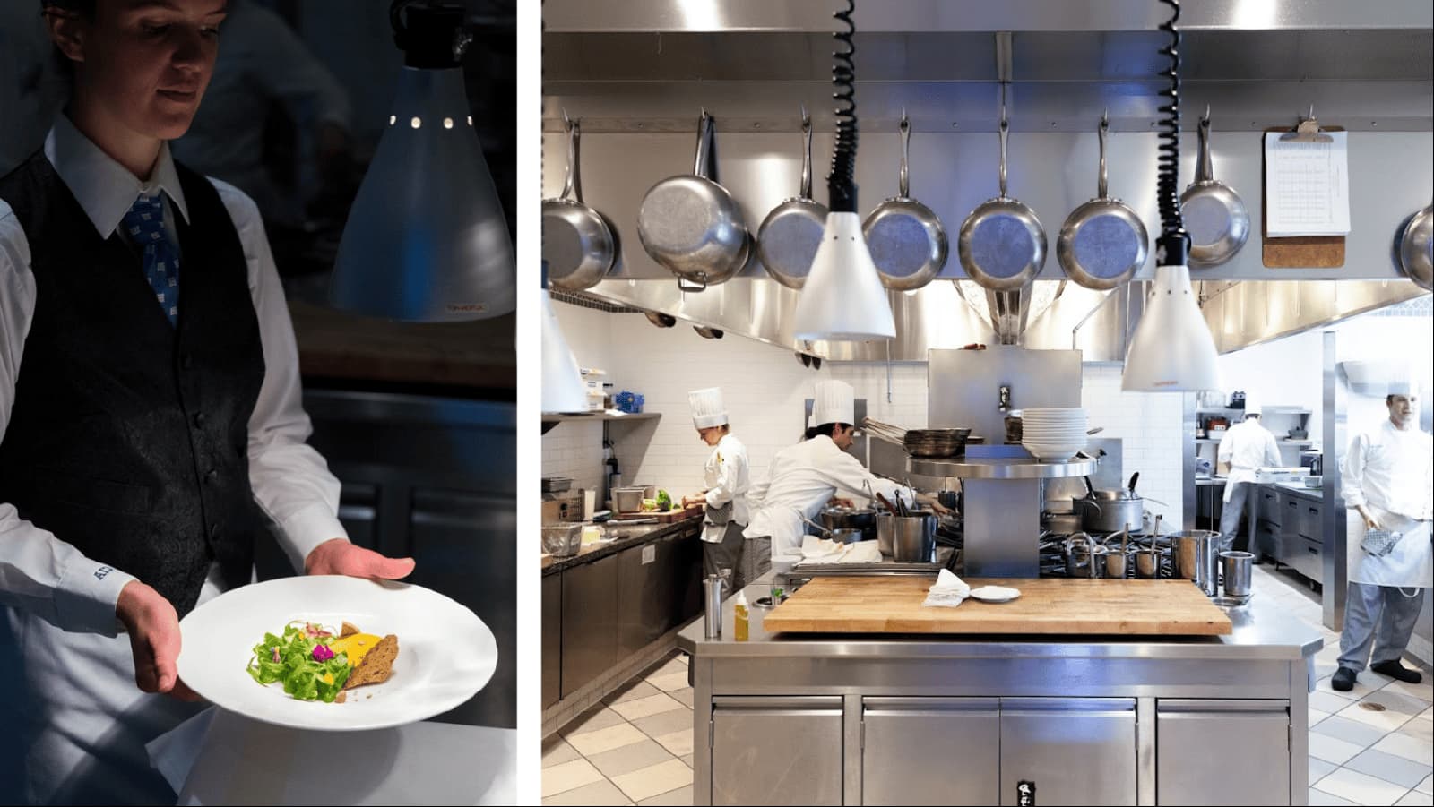Chef prepares food in a restaurant kitchen.