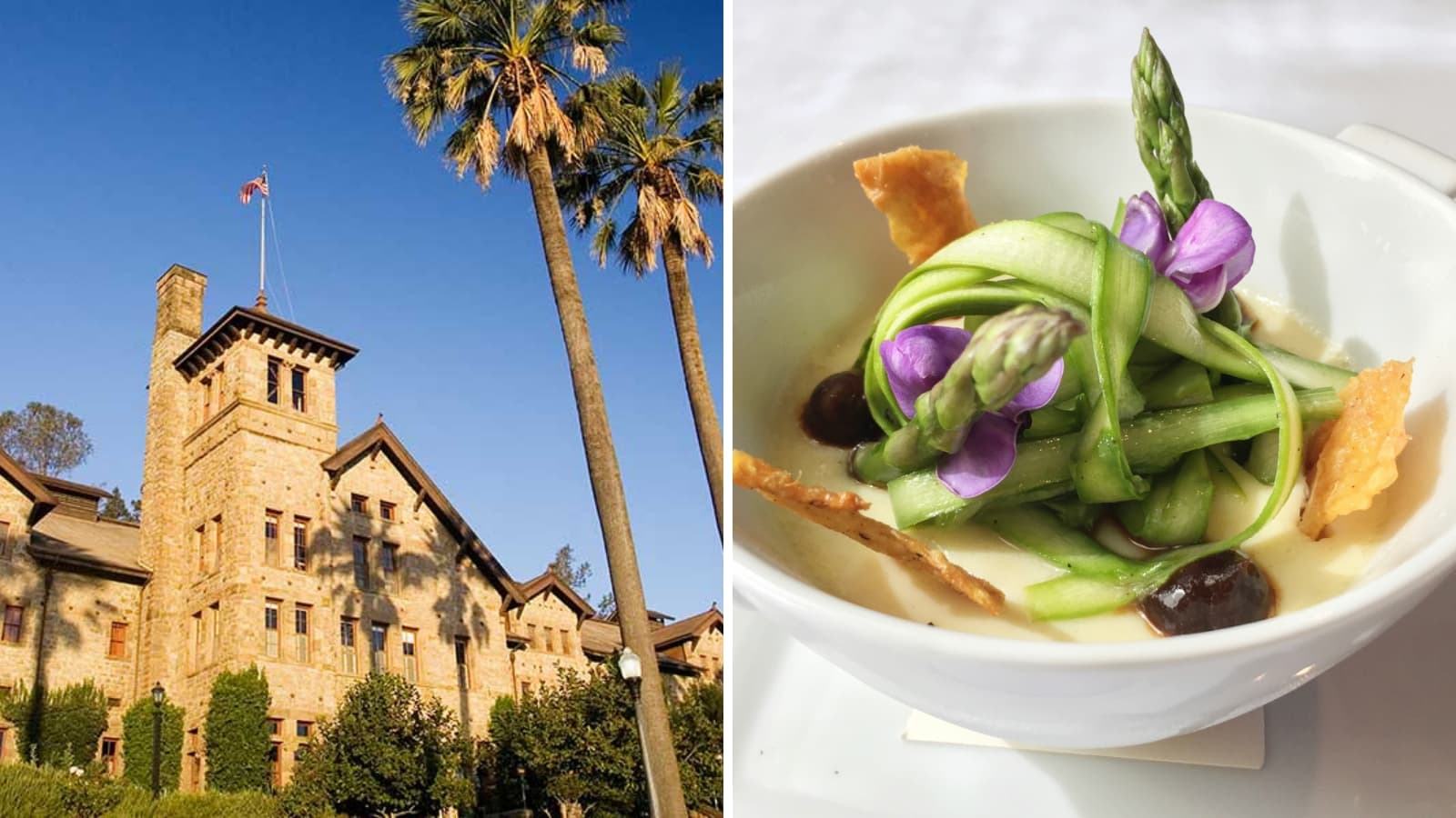 Historic building and gourmet vegetable dish