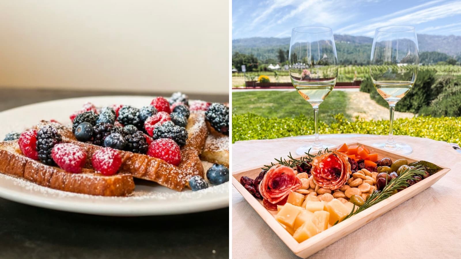 French toast and charcuterie with wine glasses