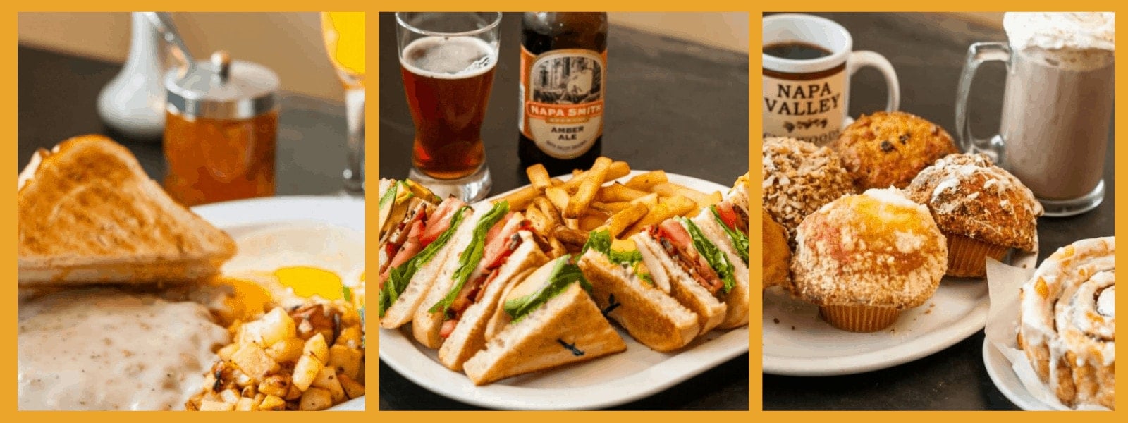 Assorted breakfast foods with drinks