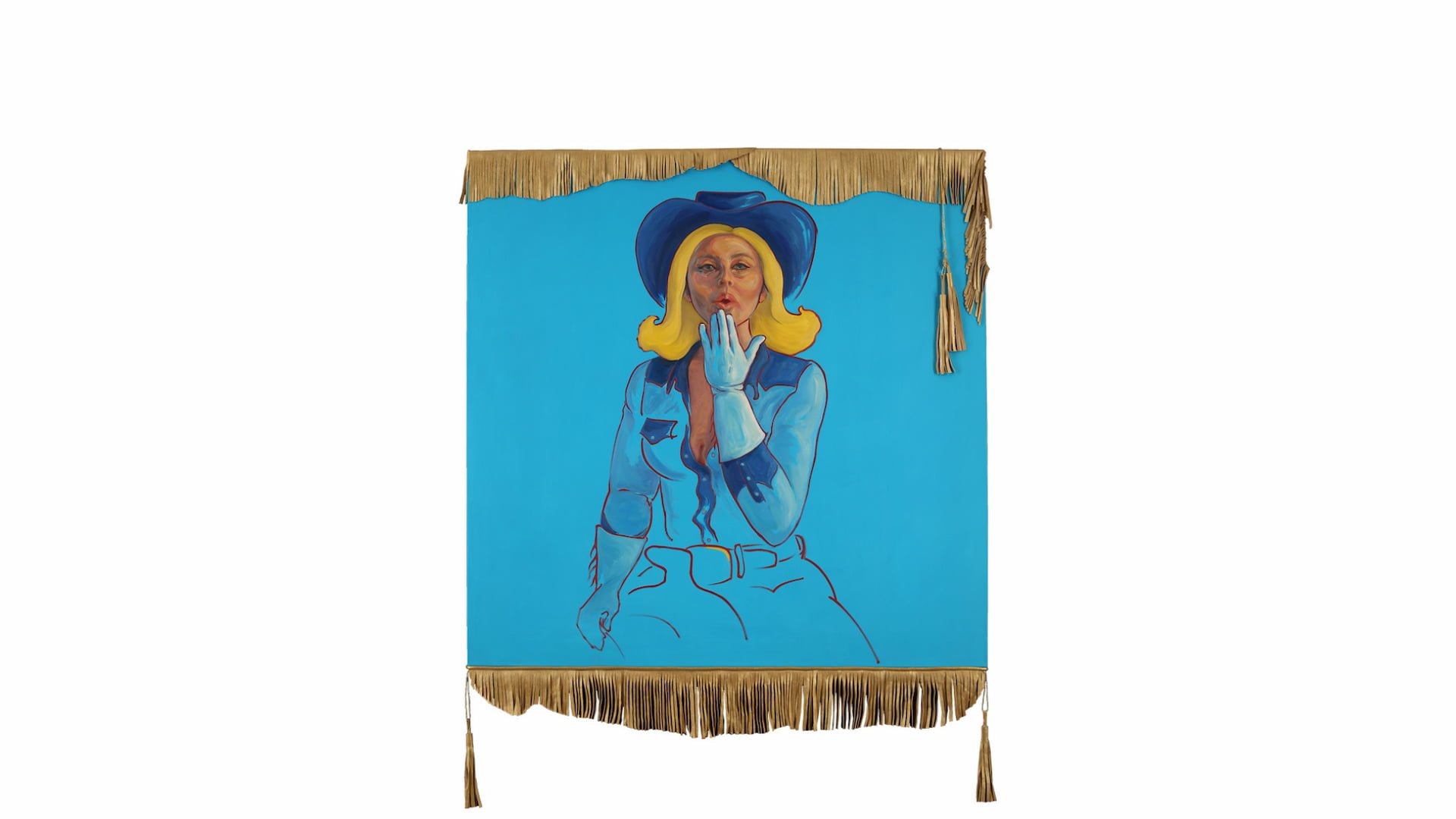 Painting of woman in blue cowboy attire with fringe.