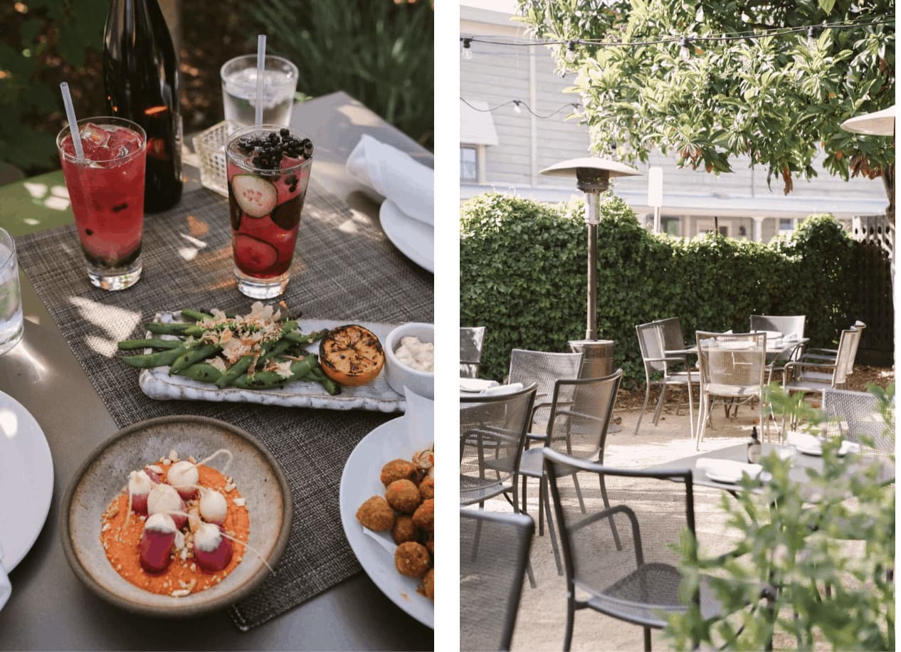 Outdoor restaurant with food and drinks on the table