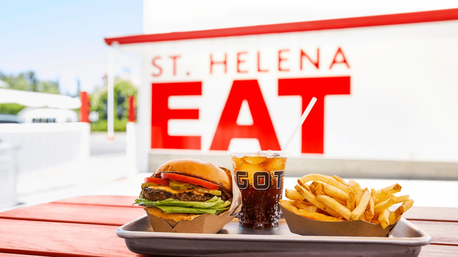 Burger, fries, and drink at St. Helena EAT.
