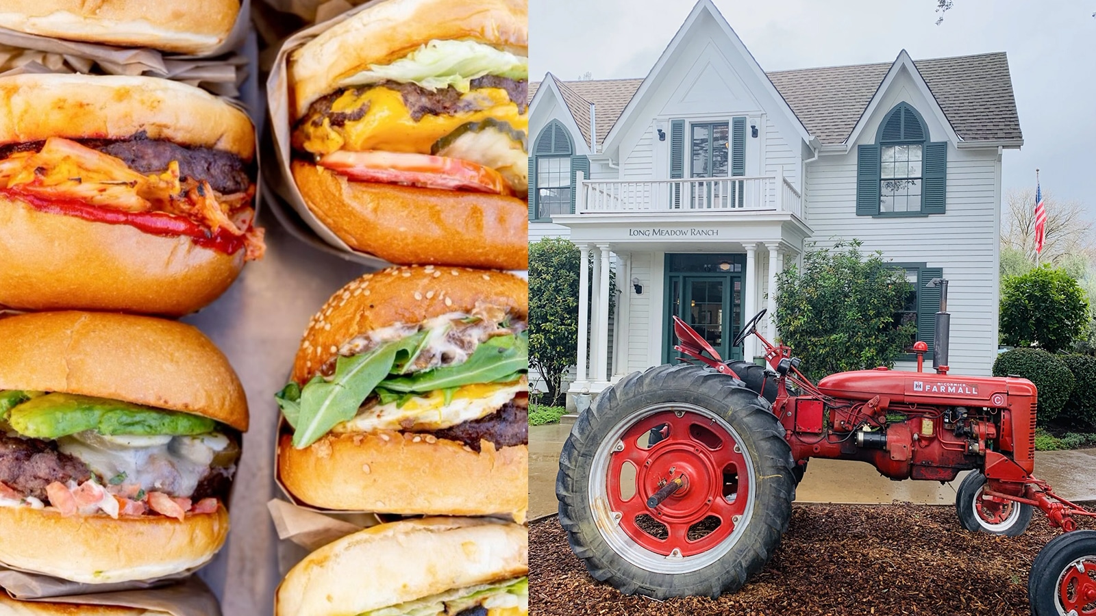 Burgers and tractor outside historic ranch house.