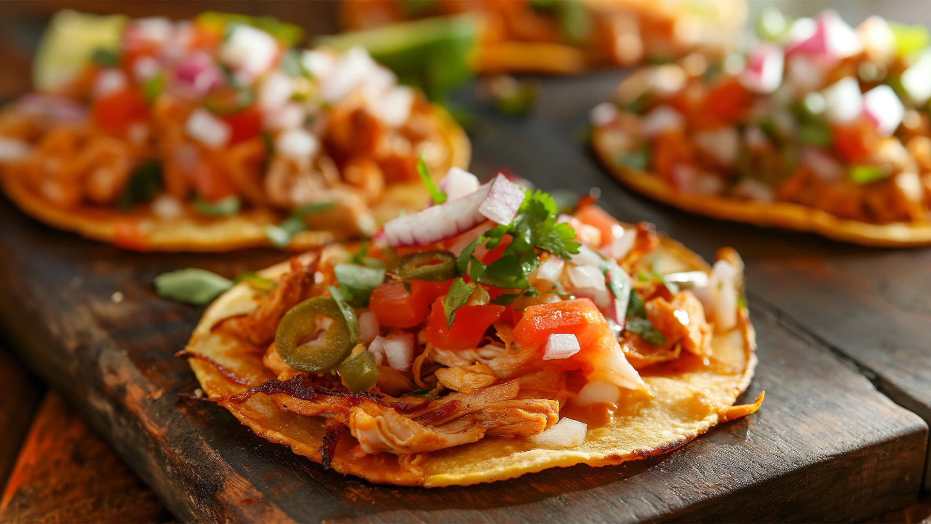 Chicken tacos topped with salsa, jalapeños, onions, and cilantro