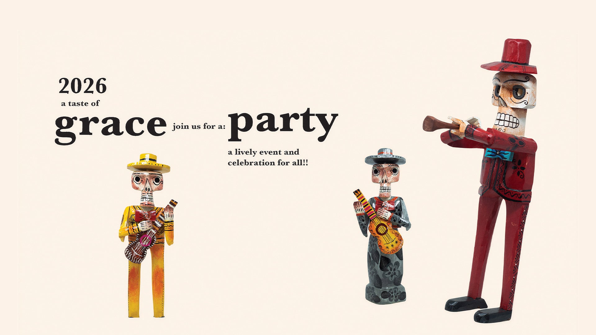 Colorful skeleton musicians promote a 2026 Grace party.