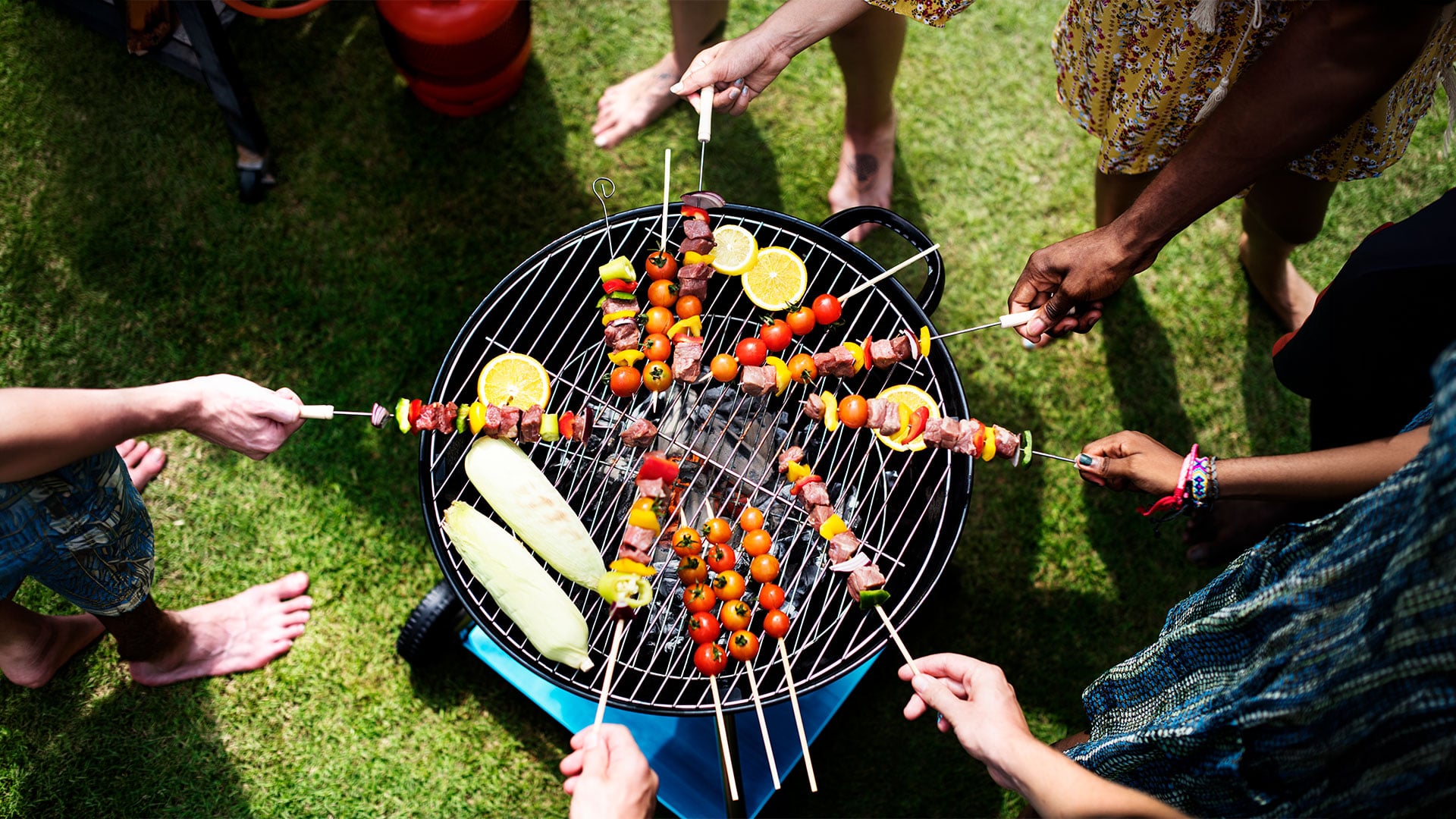 Friends grilling skewers and vegetables on barbecue