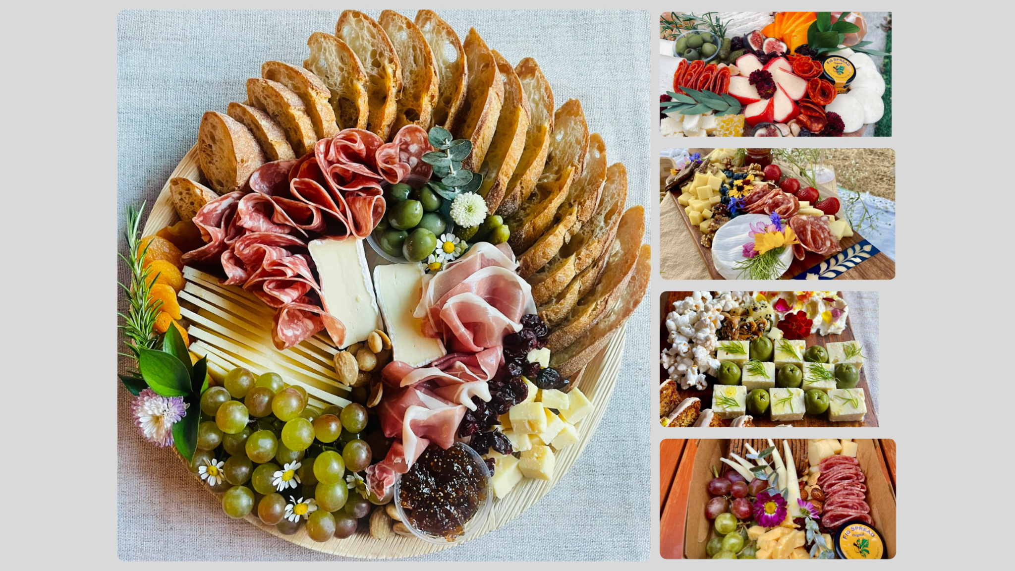 Artfully arranged charcuterie board with bread and cheeses