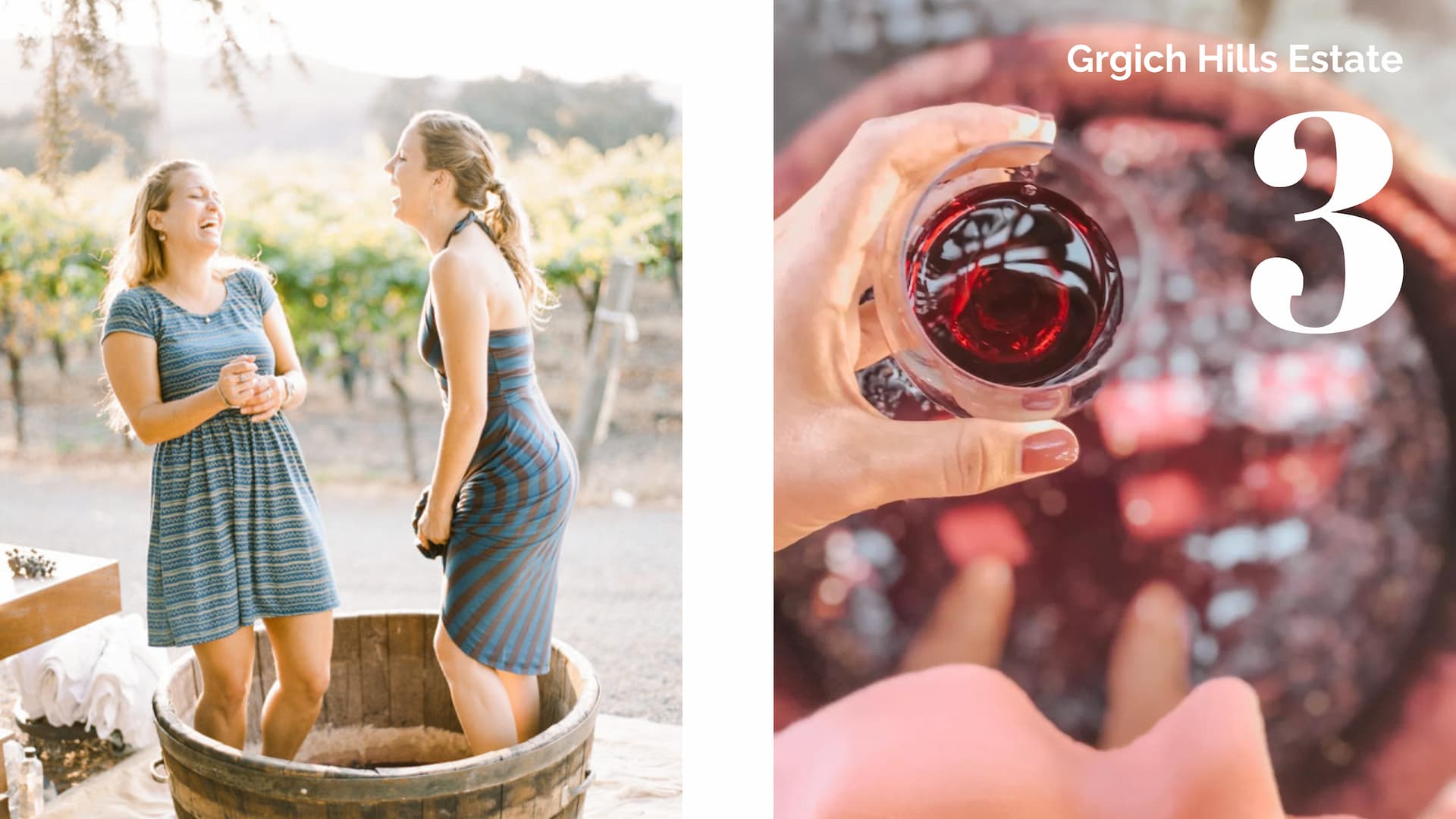 Women grape stomping at vineyard with wine glass