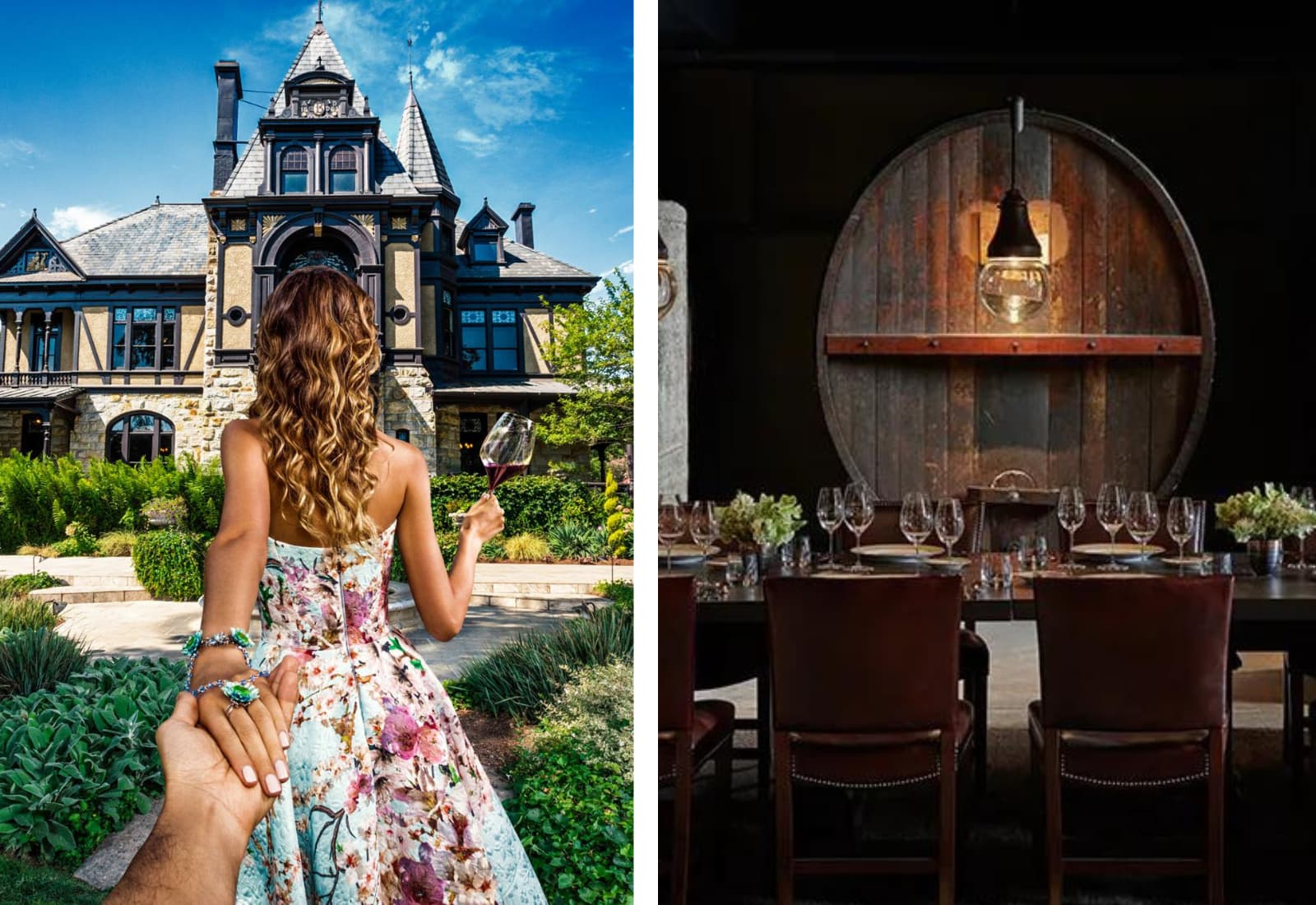 Woman holding wine, Gothic castle, elegant dining room