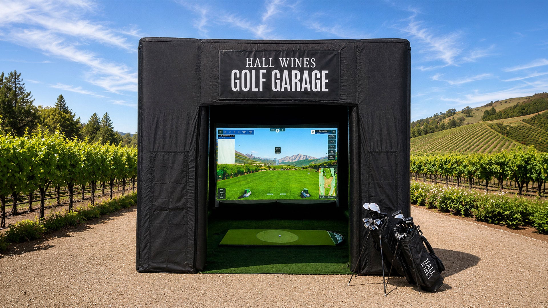 Hall Wines golf simulator set among vineyard rows