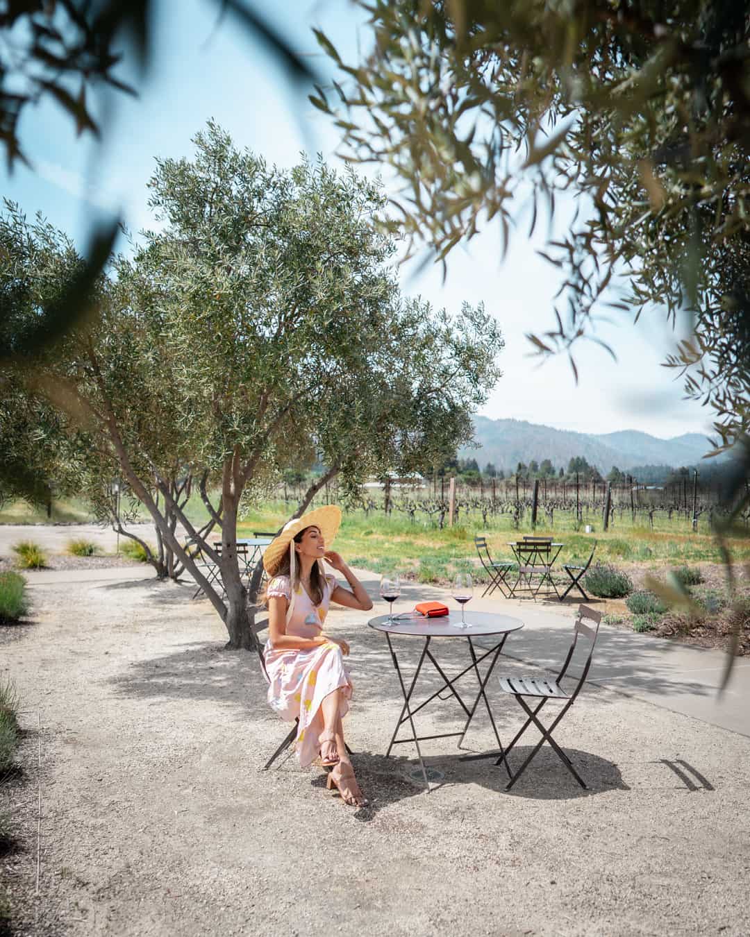 Woman sitting outdoors at vineyard table