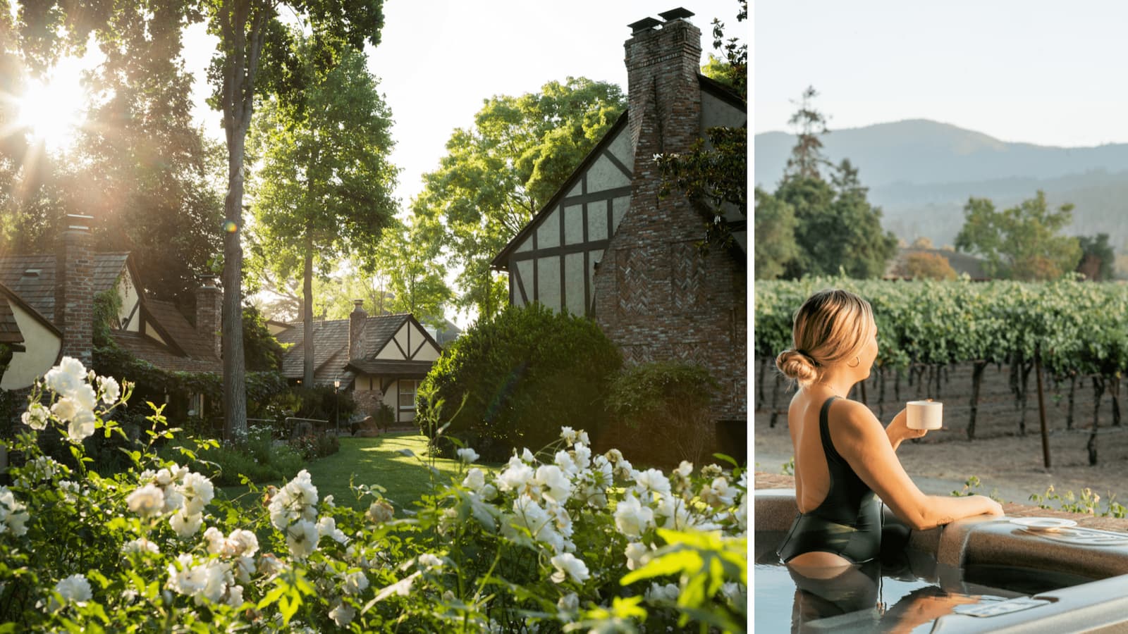 Charming cottage, woman relaxing in hot tub