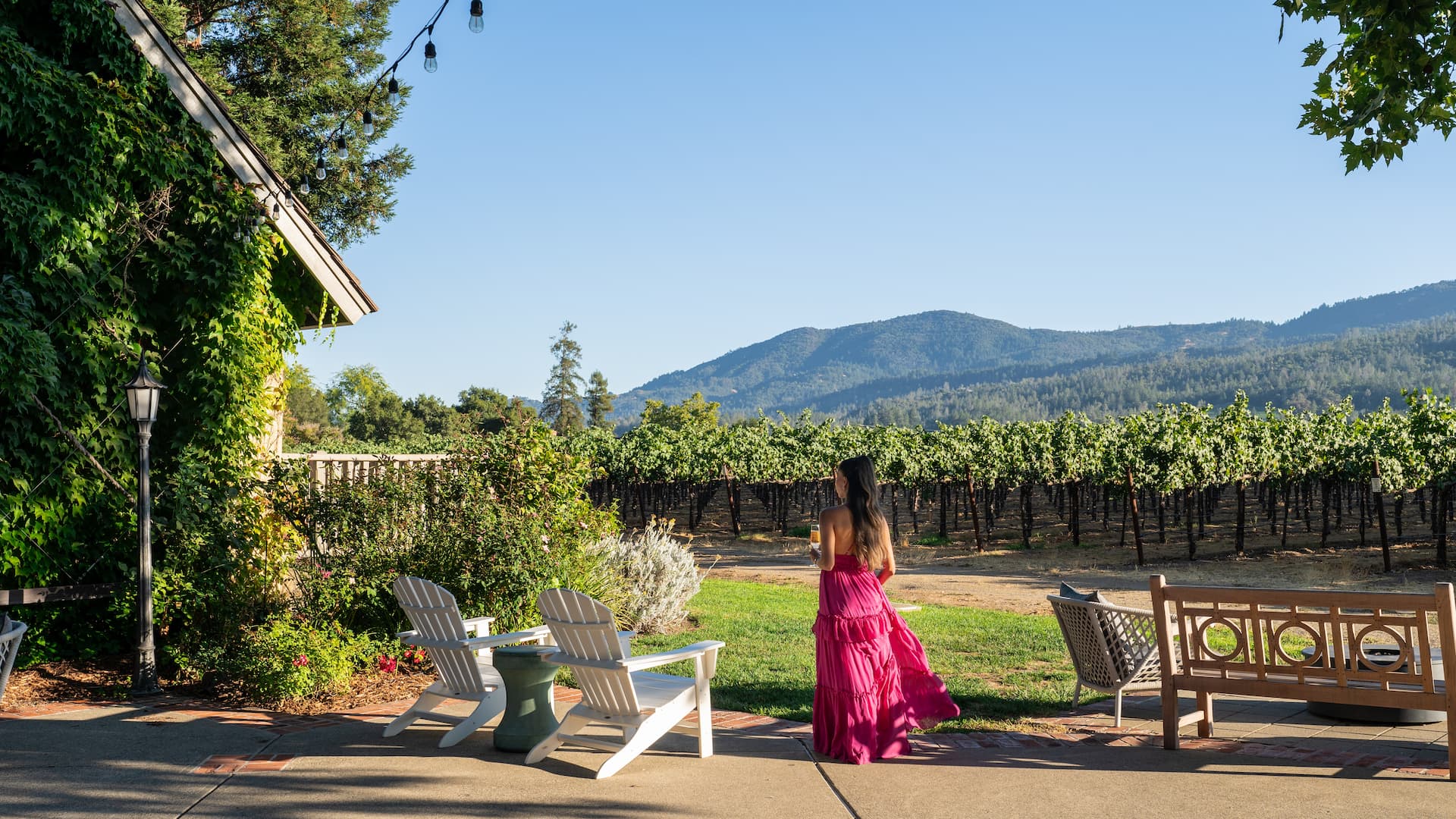 Woman in pink dress admiring vineyard landscape.
