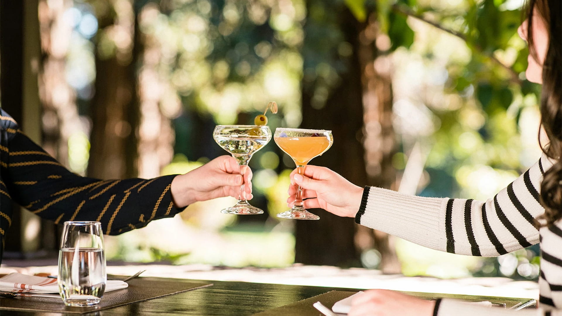 Two people toasting with cocktails outdoors.
