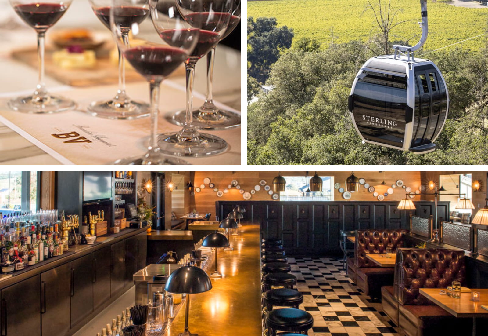 Wine tasting, gondola ride, and cozy bar interior.