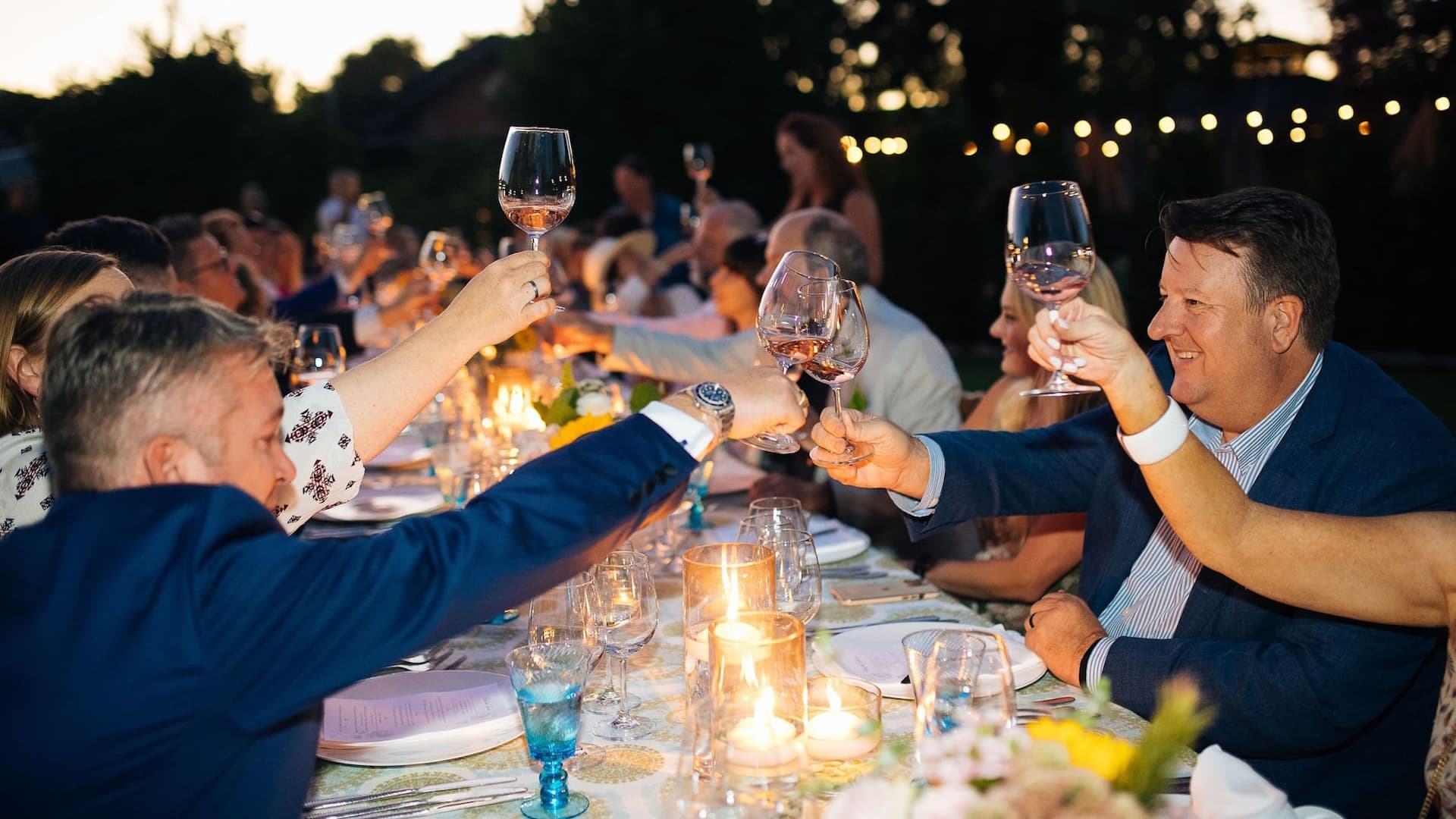 Group toasting at outdoor dinner party