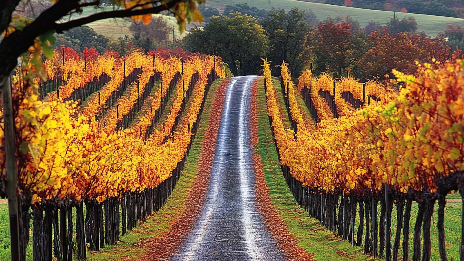 Autumn vineyard road with colorful leaves.
