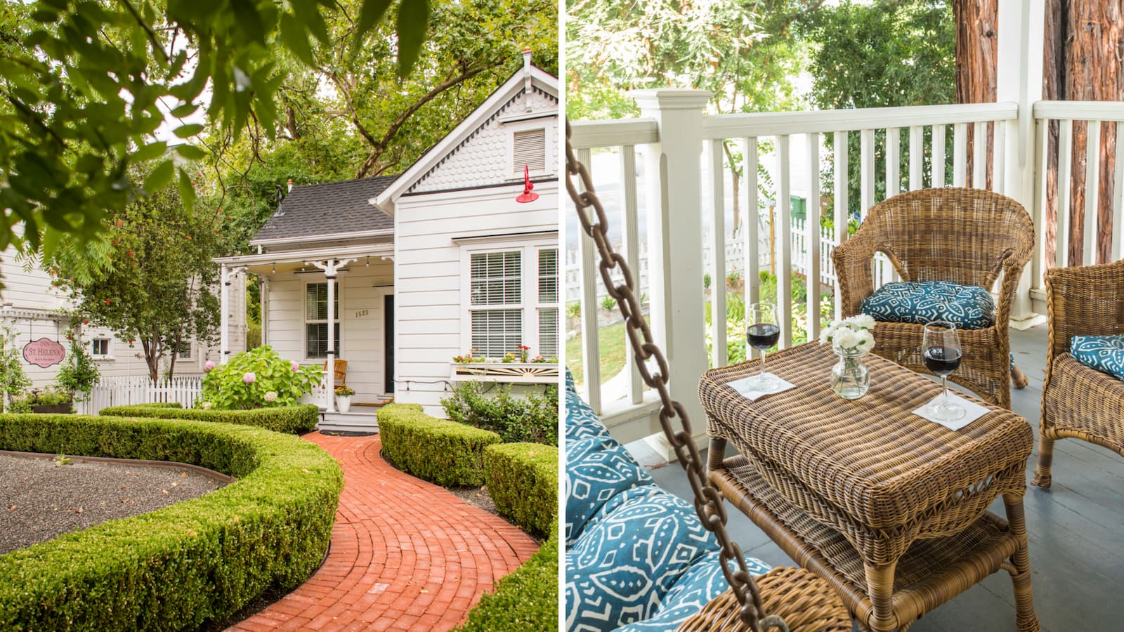 Cozy cottage with garden, porch seating, and wine glasses