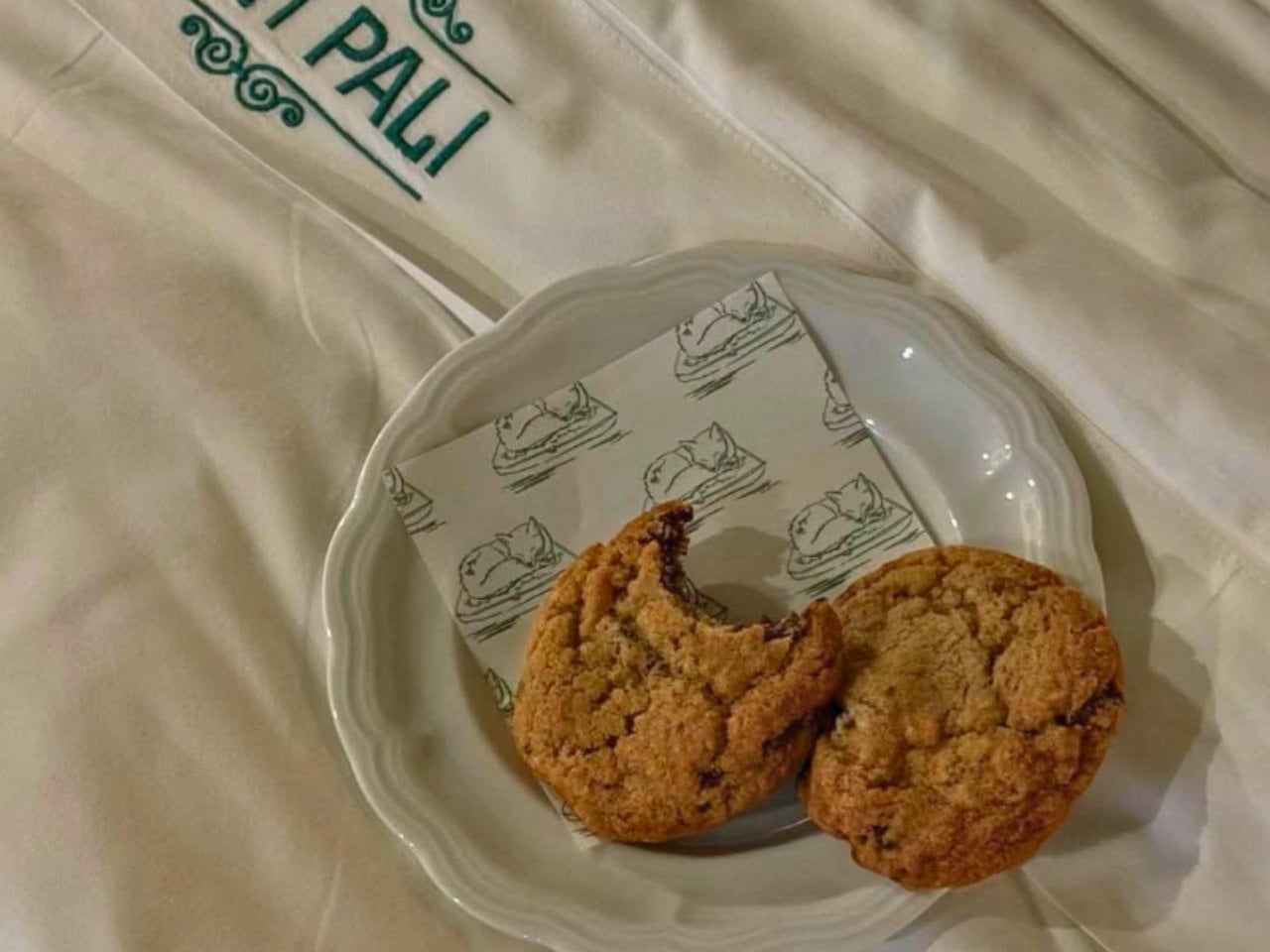 Two chocolate chip cookies on white plate
