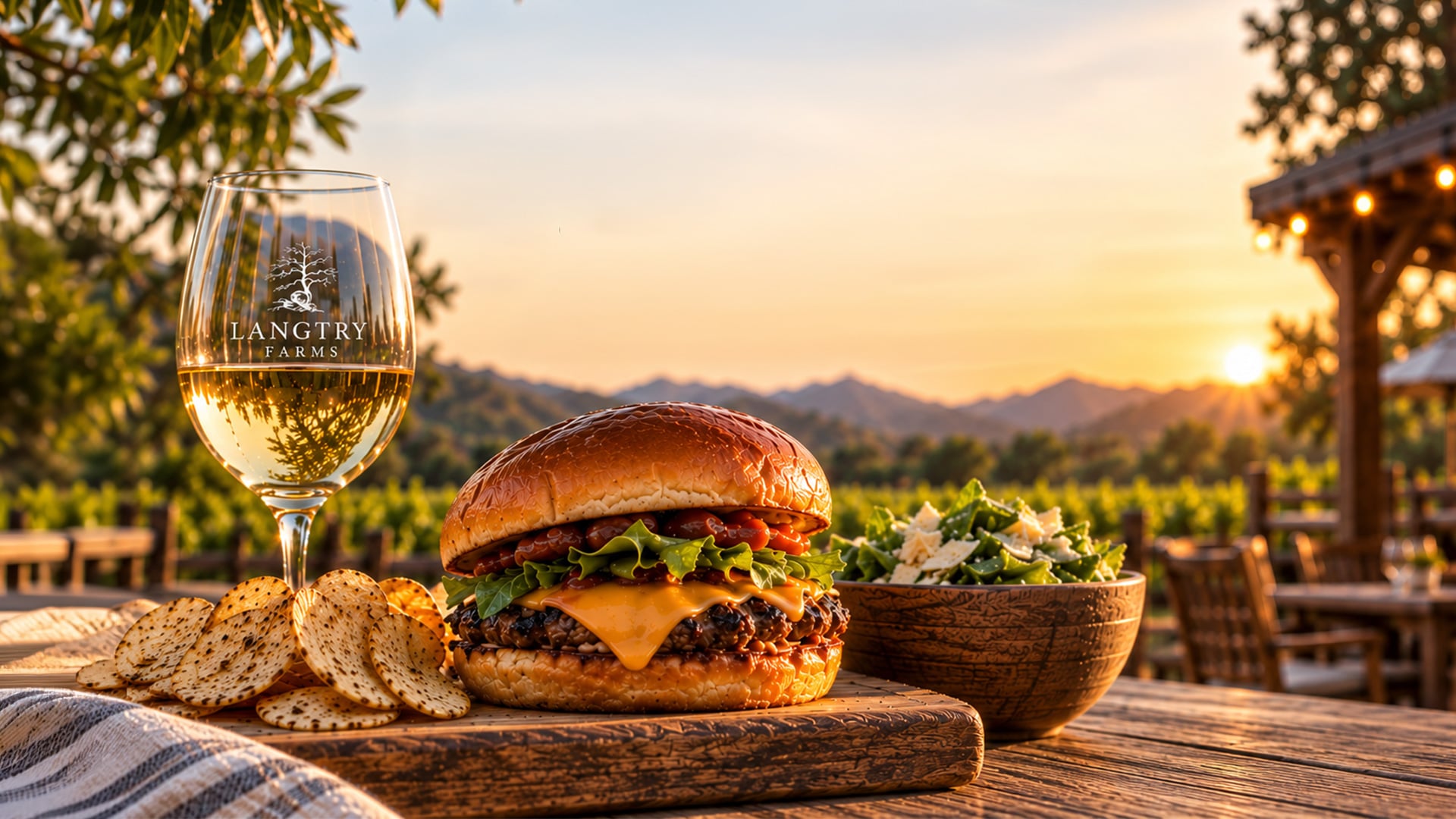 Cheeseburger, salad, chips, and wine at sunset
