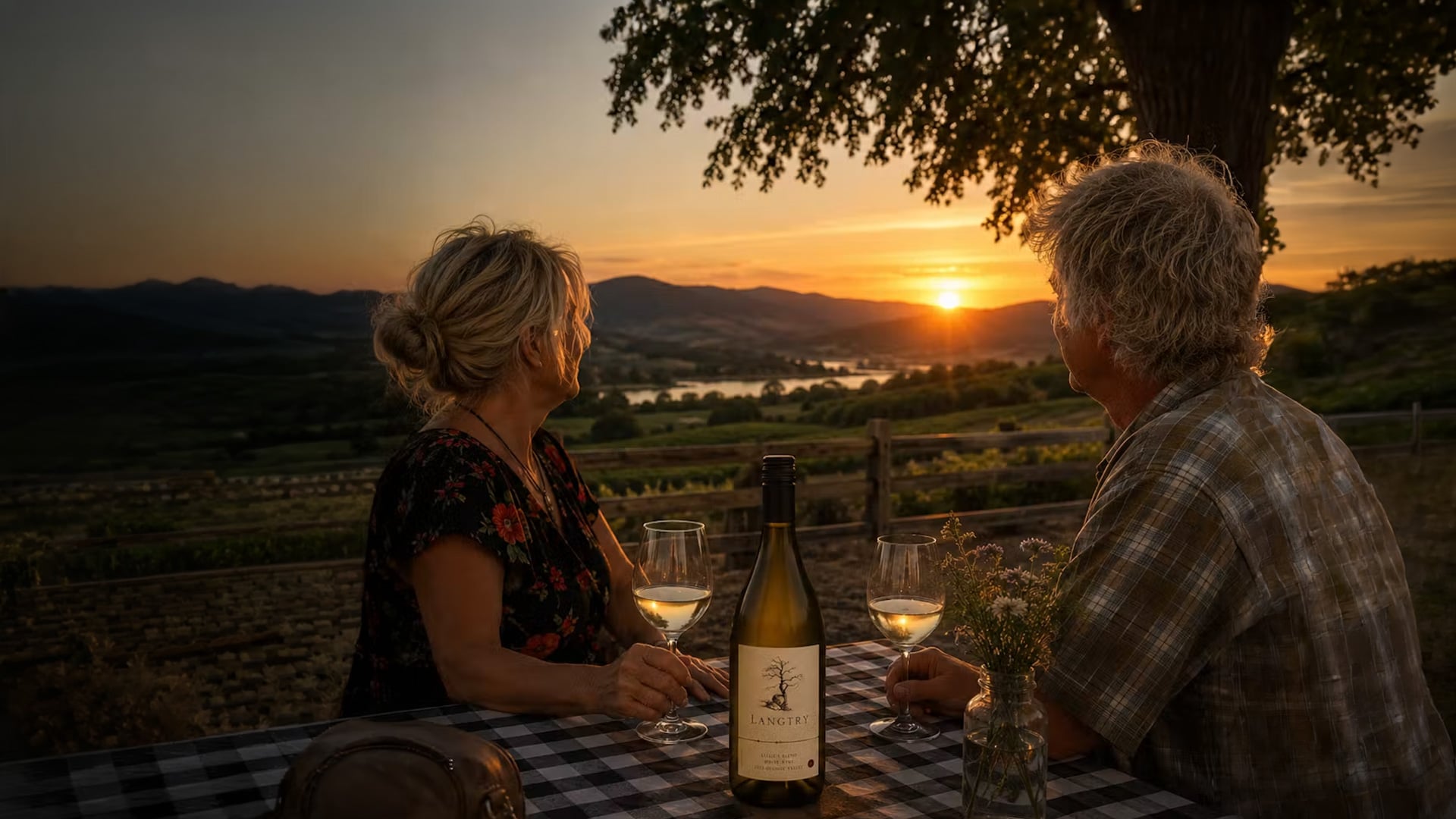 Couple sharing wine at sunset overlooking vineyard valley