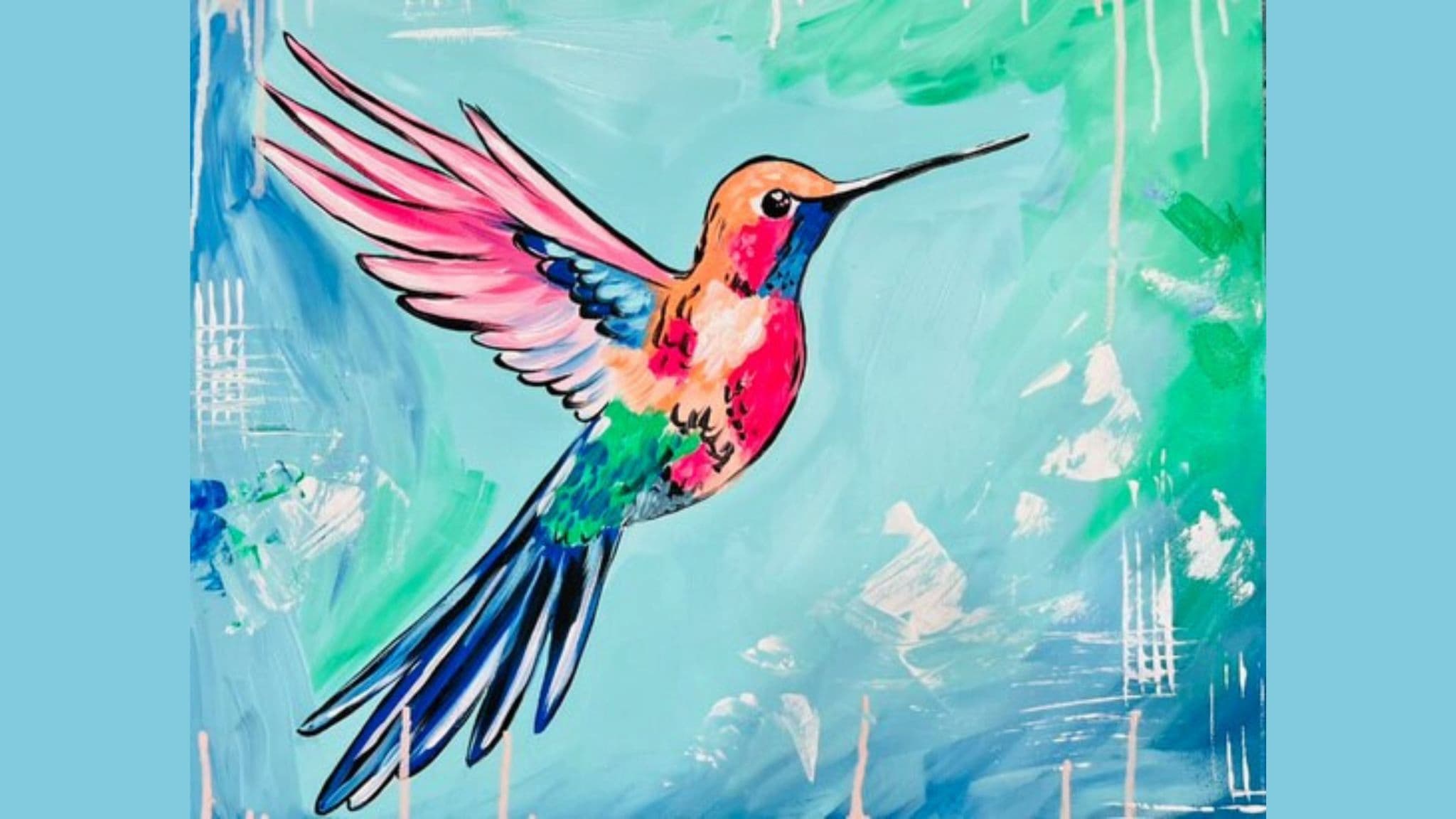Colorful hummingbird painting on blue abstract background