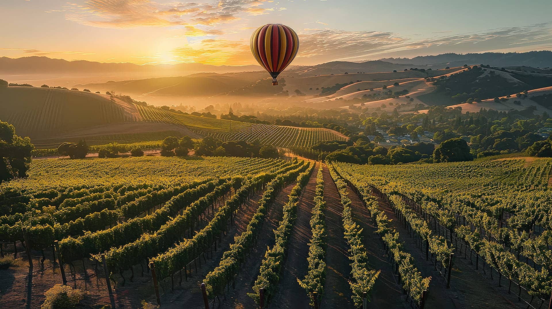 Hot air balloon over vineyard at sunrise