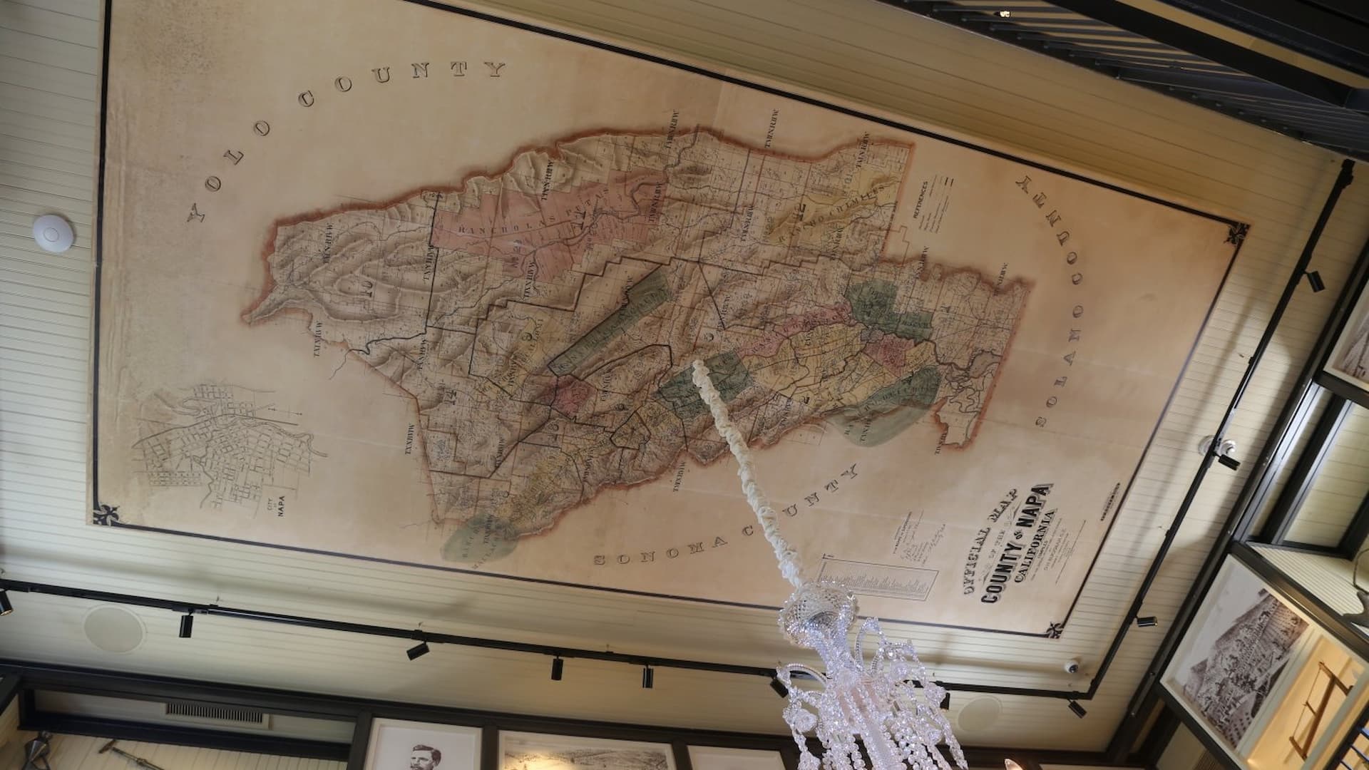 Vintage map of Napa County, California on ceiling.