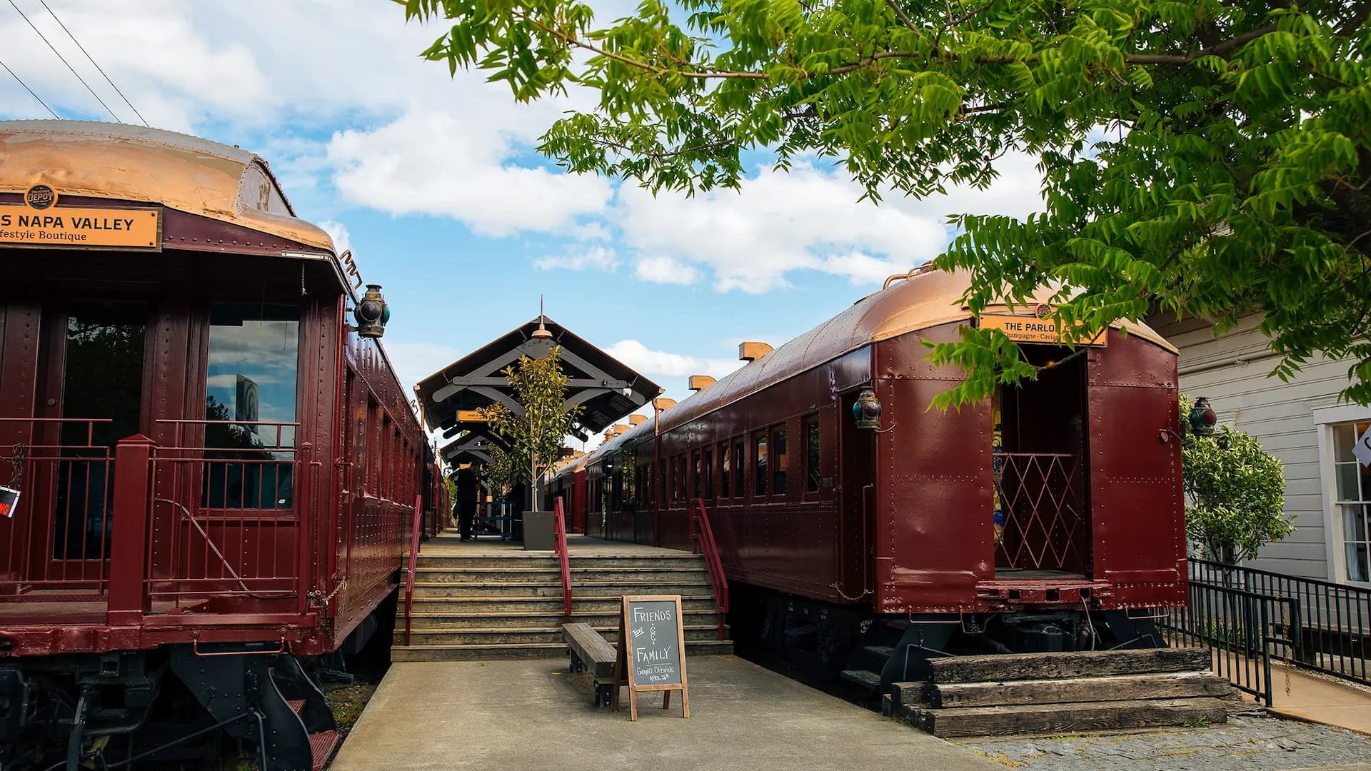 Vintage Napa Valley train at station entrance