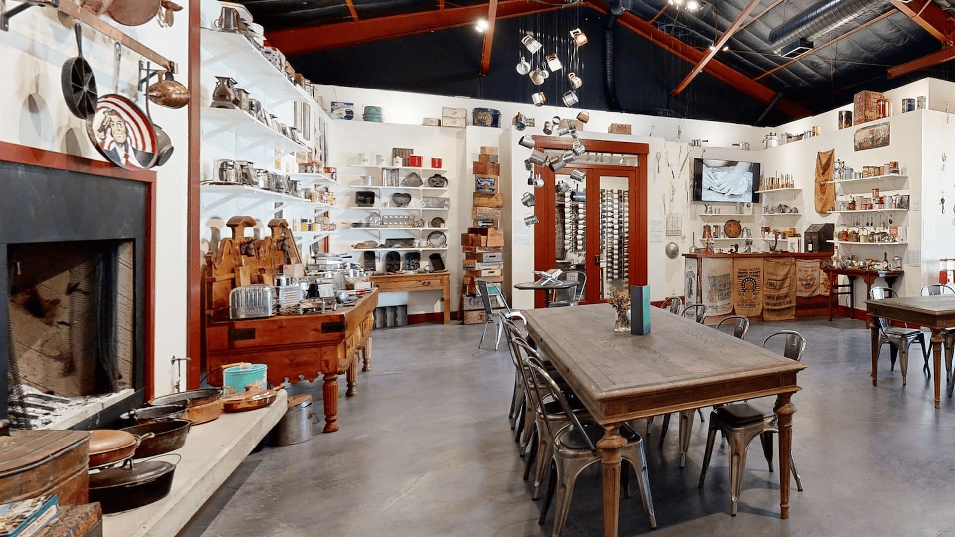 Vintage kitchenware shop with rustic decor.