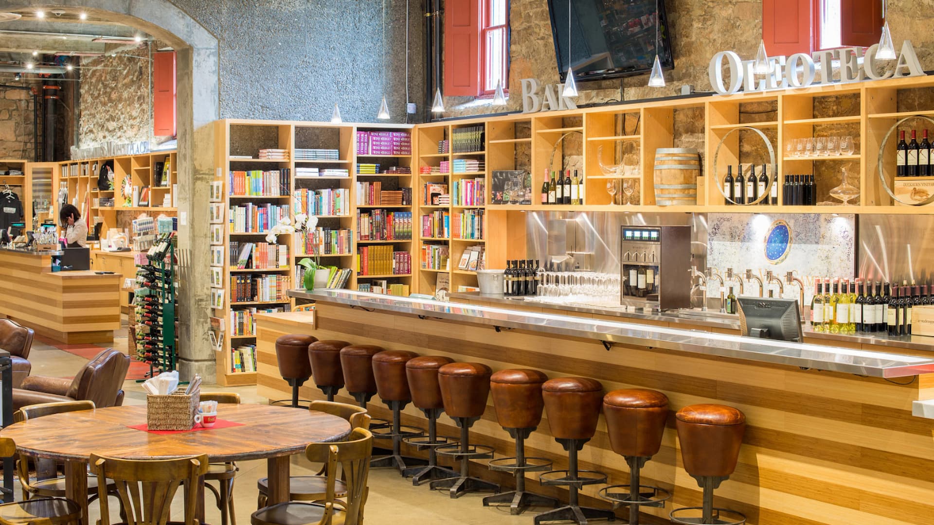 Cozy bookstore cafe with bar and seating