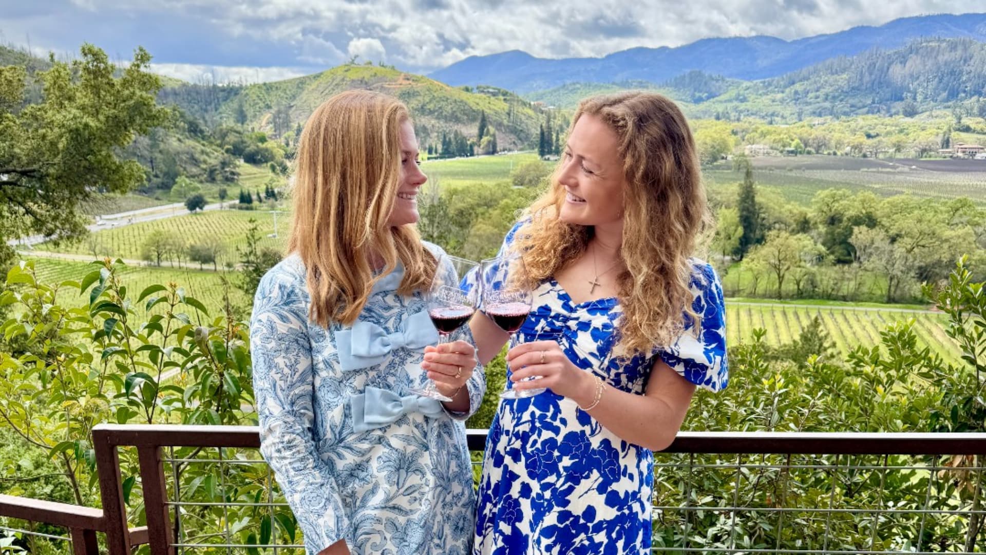 Two women toasting wine at a vineyard.