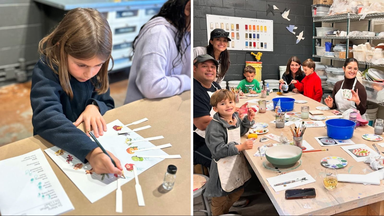 Children and adults painting pottery in a studio.