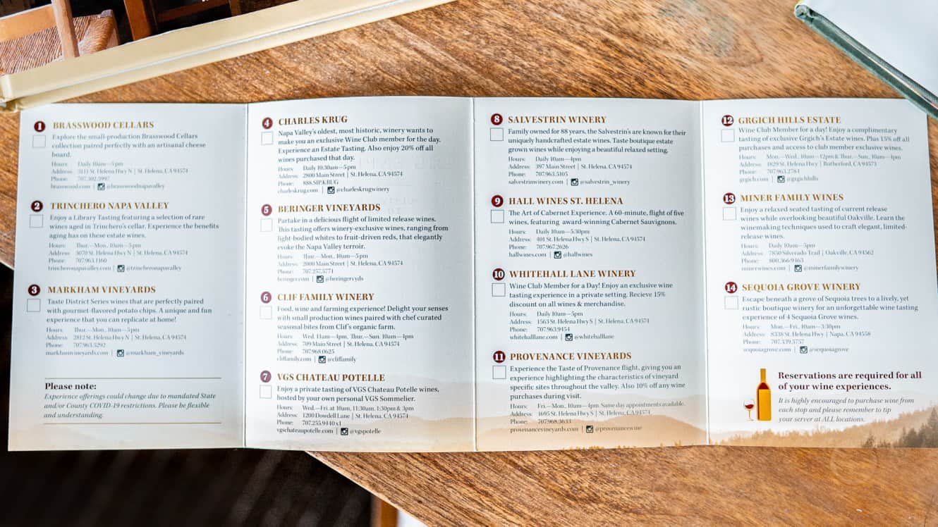 Wine tasting brochure with 14 vineyard listings.