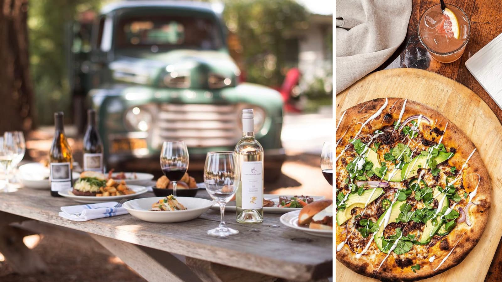 Outdoor table with wine, dishes, and a pizza
