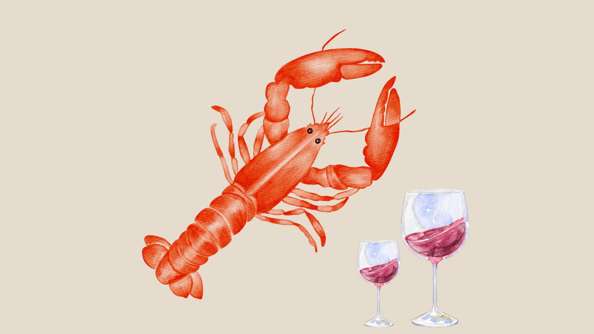 Illustration of lobster with wine glasses