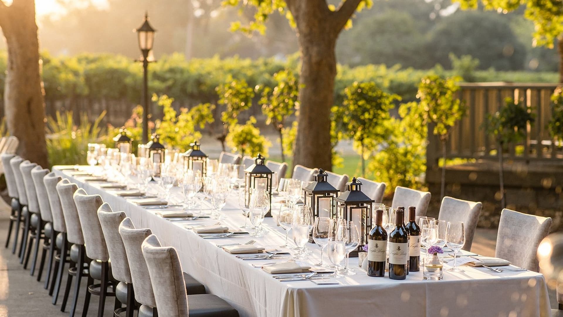 Outdoor dining setup with decorated table and chairs.