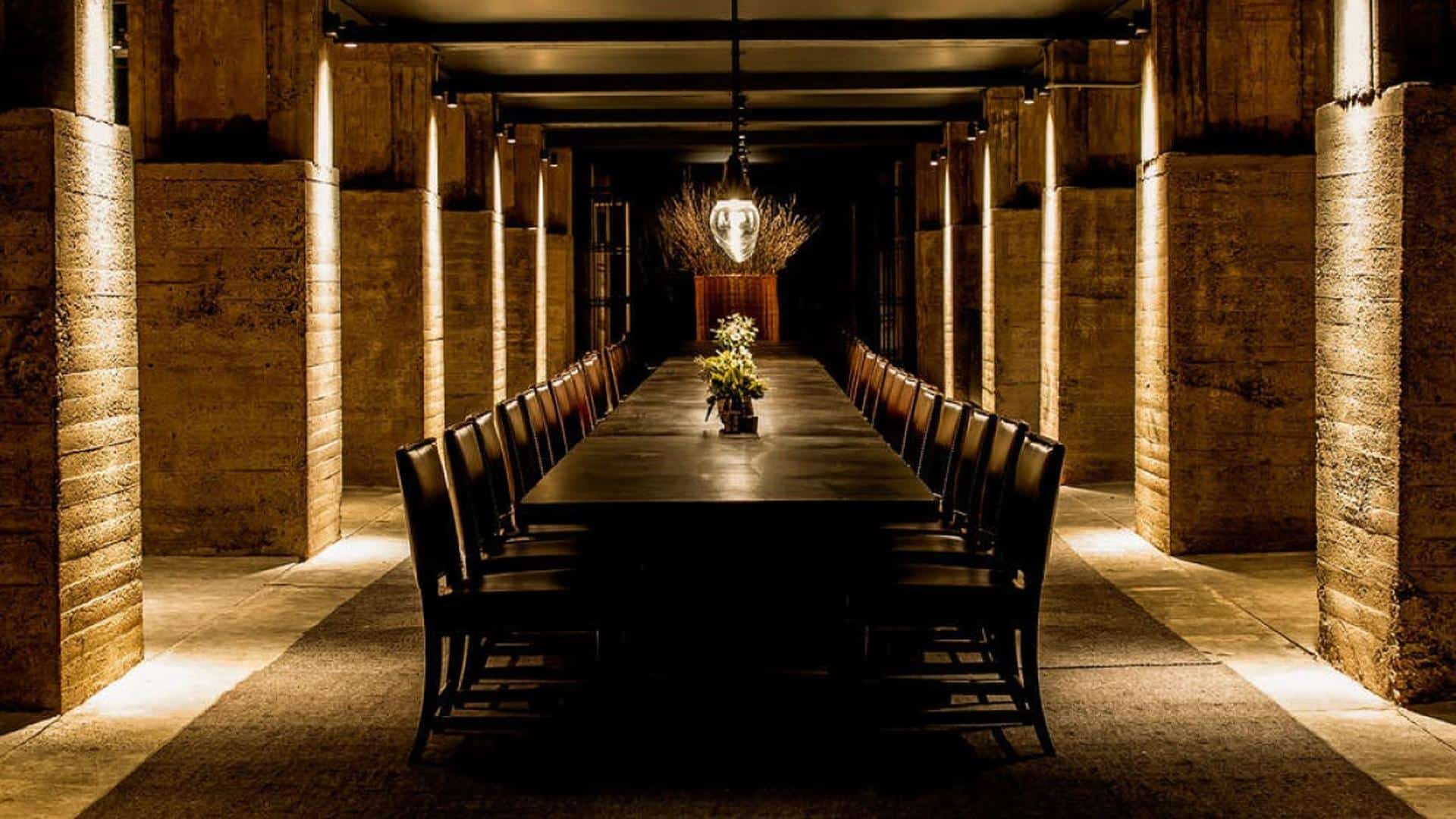 Elegant dining table in dimly lit room