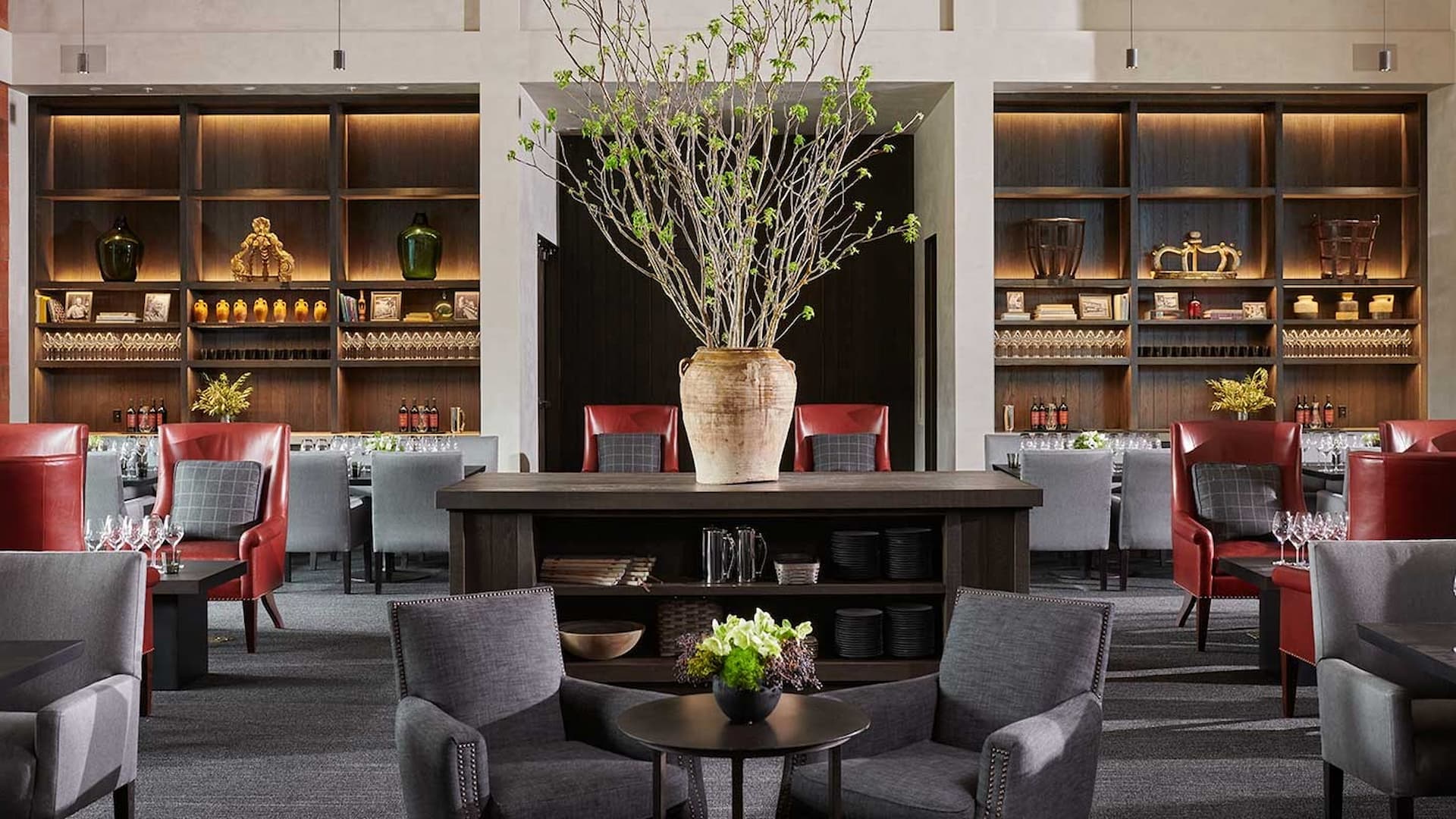 Cozy restaurant with elegant decor and seating area.