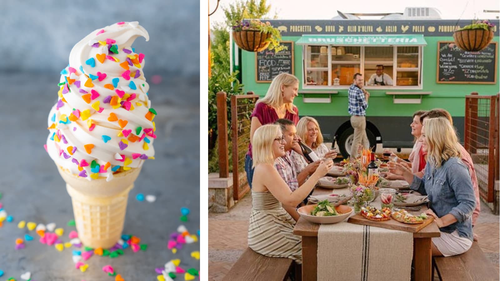 Ice cream cone and people dining outdoors by food truck.
