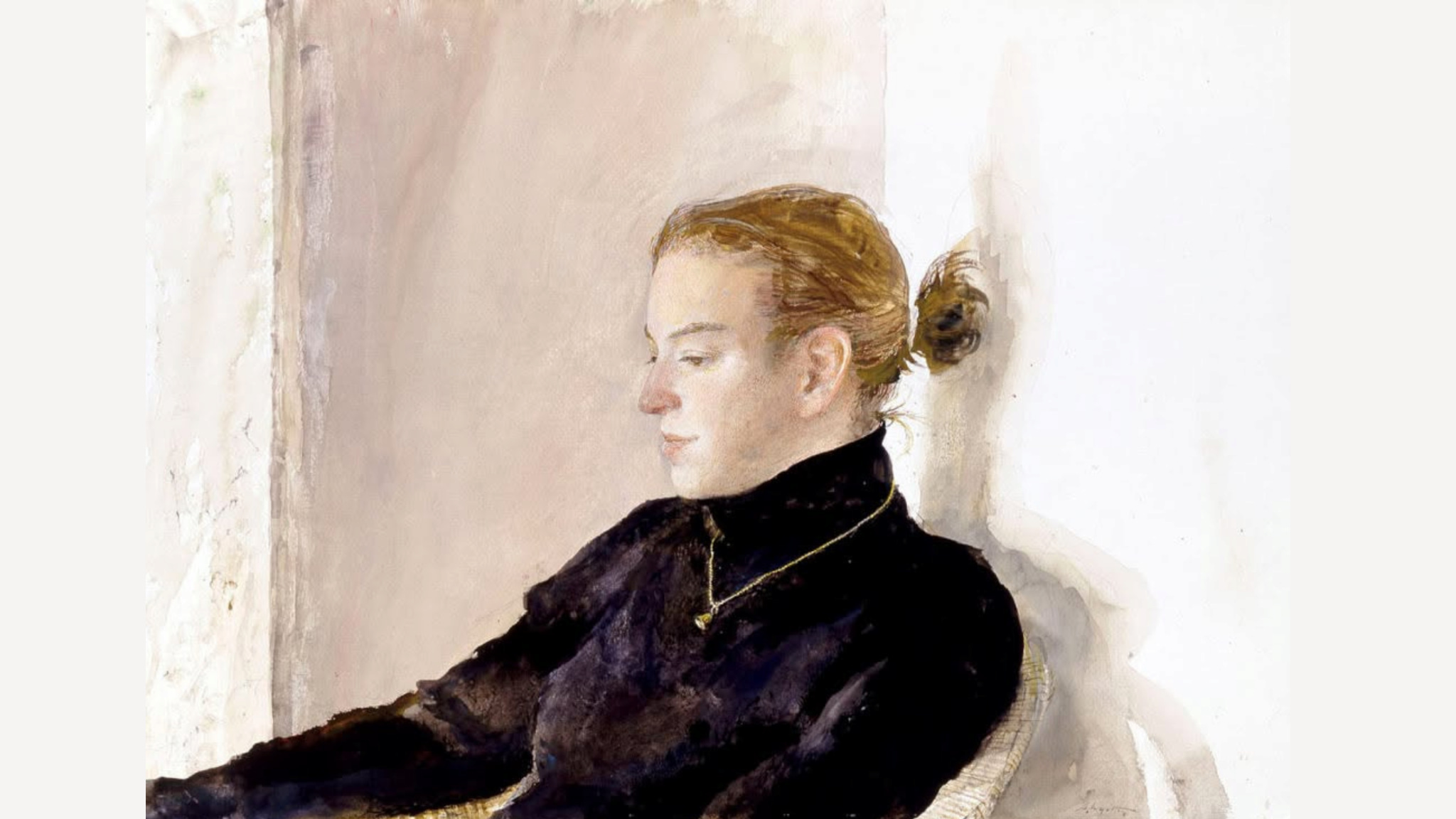 Woman in black dress seated by window