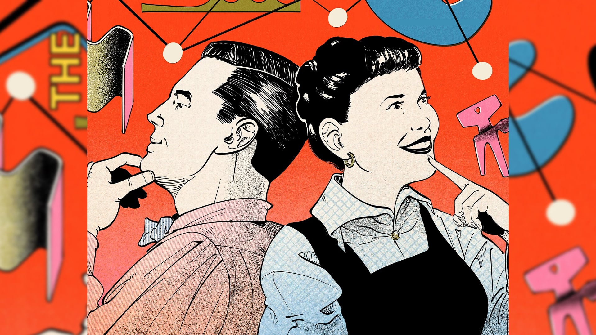 Retro illustration of a thoughtful man and smiling woman