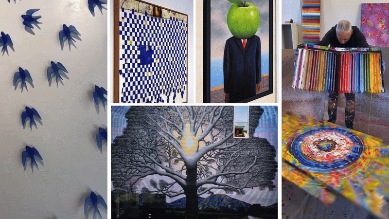 Collage of diverse modern artwork and installations.