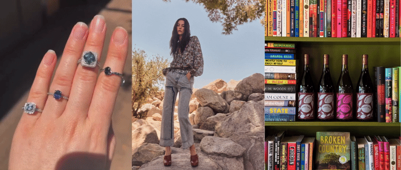 Rings, fashion model, and books displayed on shelves.