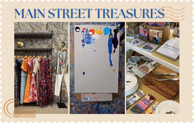 Boutique clothes, art supplies, local products display in store.